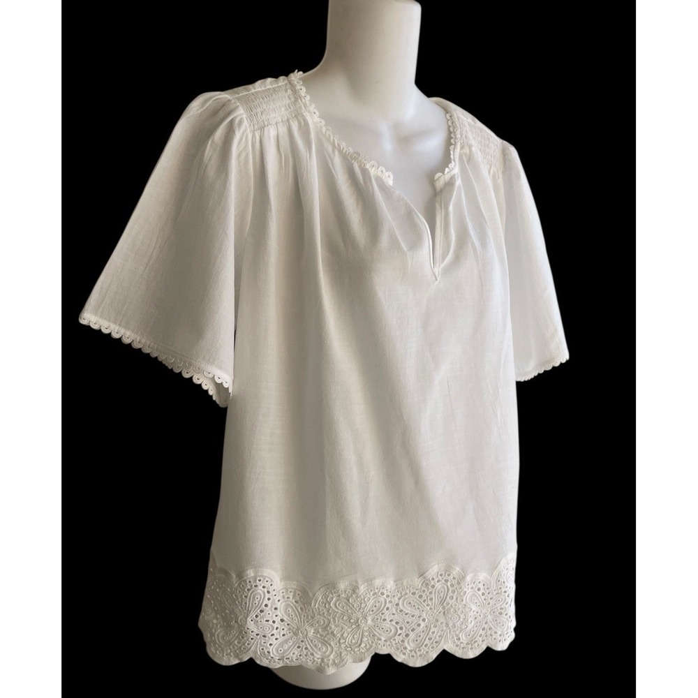 Hester & Orchard White Short Sleeve 100% Cotton Top Blouse Eyelet Trim Small NWT - Picture 2 of 3